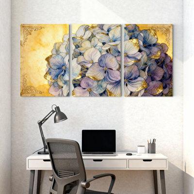 «Blue Hydrangea Floral Gold Accents», ensemble de 3 reproductions d'art sur toile tendues