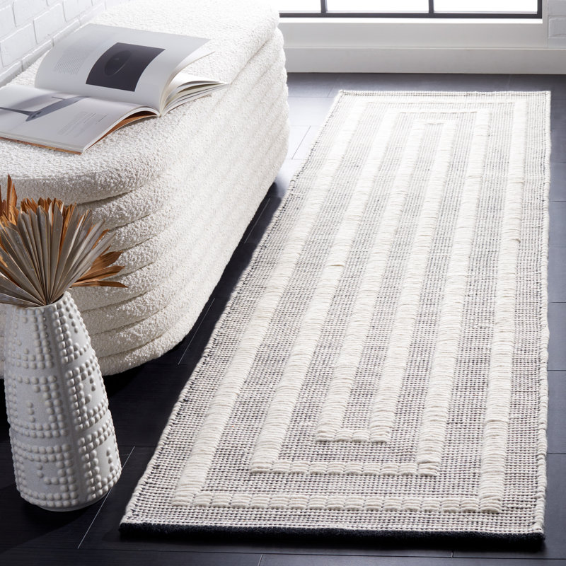 Tapis gris / blanc en laine / coton à tissage plat Natura, Tapis de couloir 2 pi 3 po x 8 pi