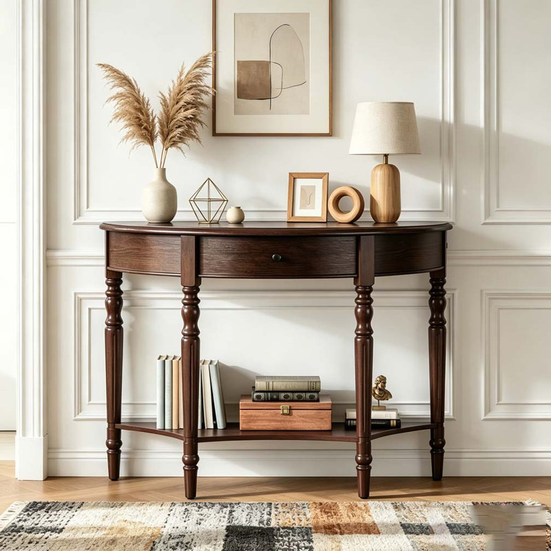 Console demi-lune avec tiroir et tablette, Espresso