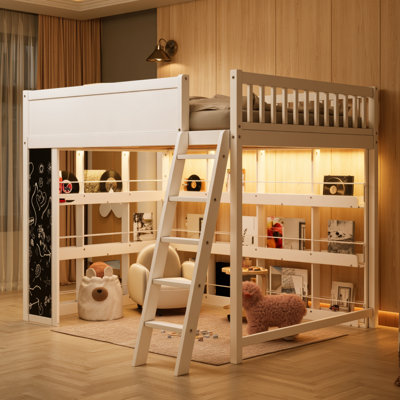 Lit mezzanine en bois massif (grand lit/grand lit) avec étagères intégrées, éclairage DEL et panneau tableau noir