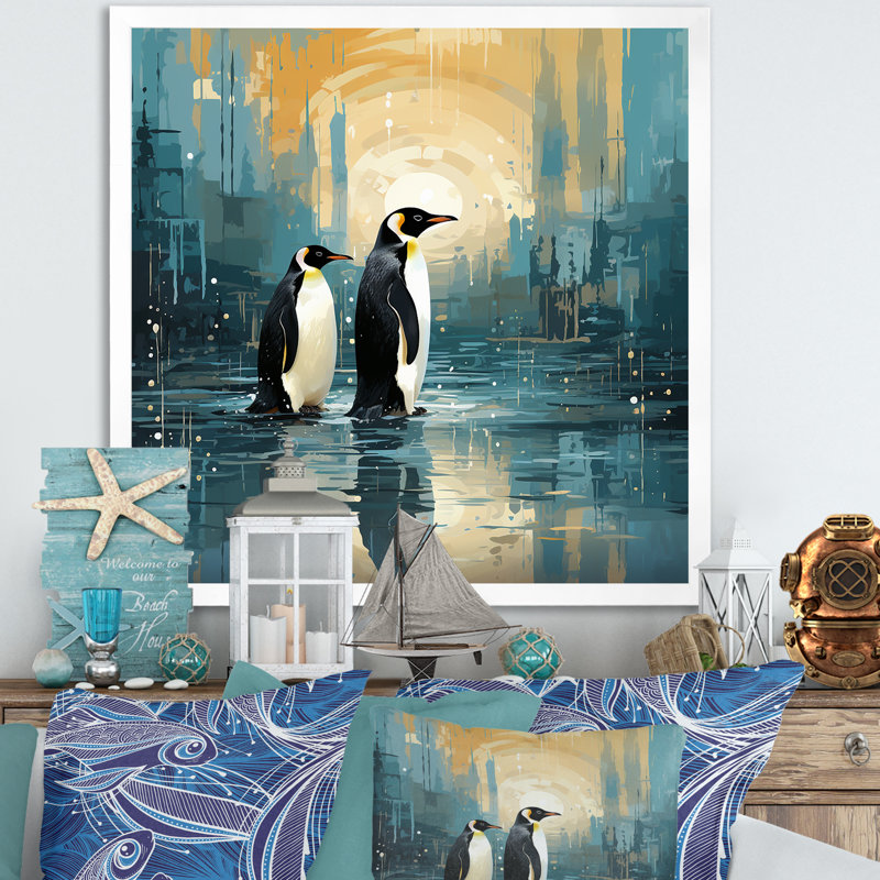 Couple de pingouins élégance dans la neige - impressions sur toile de pingouins, Cadre simple blanc, H 24 po x l 24 po