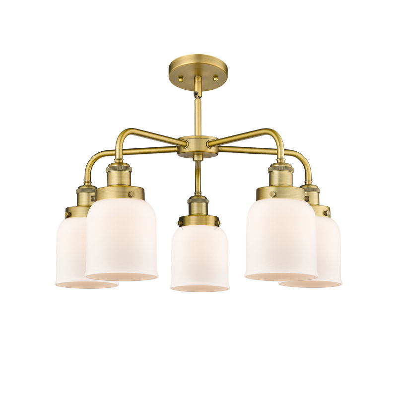 Lustre en verre à 5 lumières Bell, Blanc mat, Laiton brossé