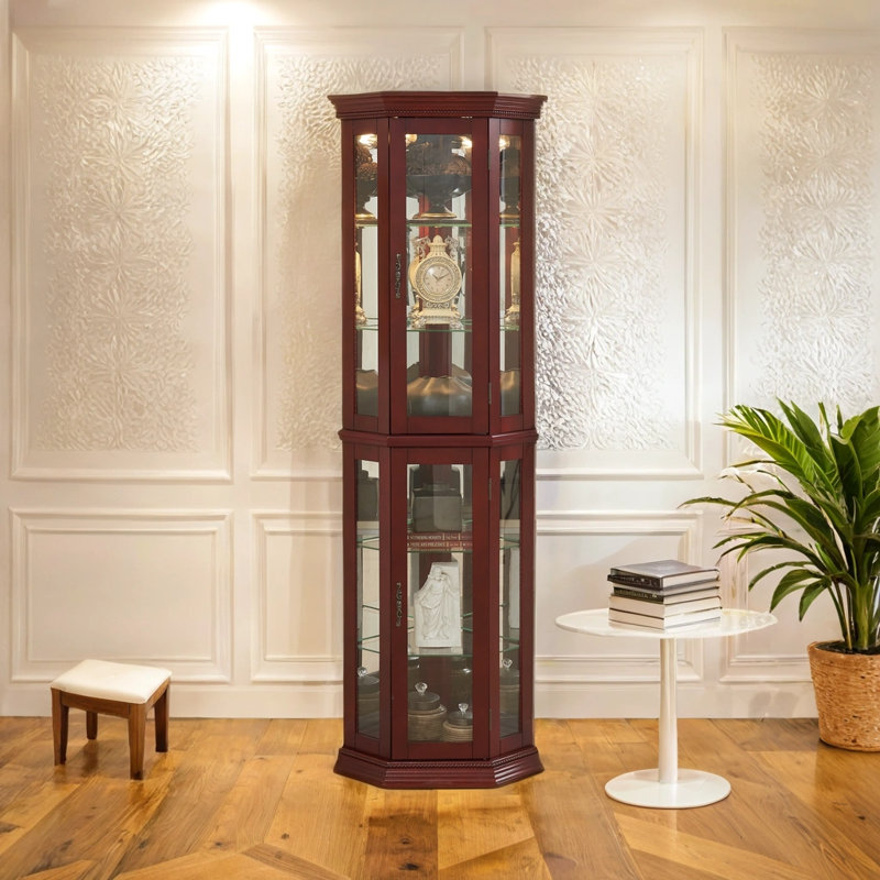 Corner Curio Cabinet With Lights, Adjustable Tempered Glass Shelves, Mirrored Back, Display Cabinet,Cherry (E26 Light Bulb Not Included)