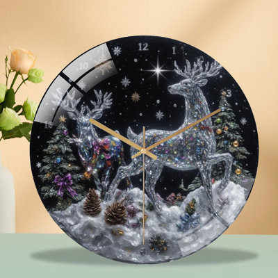 Jeweled-Deer-Christmas-Clock Art - 12'' Modern Glass Wall Clock