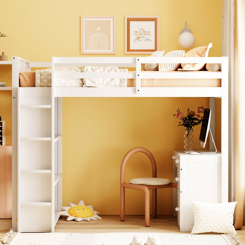 Lit mezzanine simple blanc avec tablettes, bureau - Structure en bois massif pour une durabilité supérieure et une optimisation de l'espace