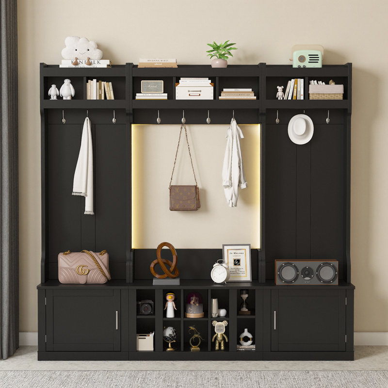 Modern Black Hall Tree Storage Bench 4-in-1 Entryway Organizer with Coat Rack Shoe Cubbies, Black