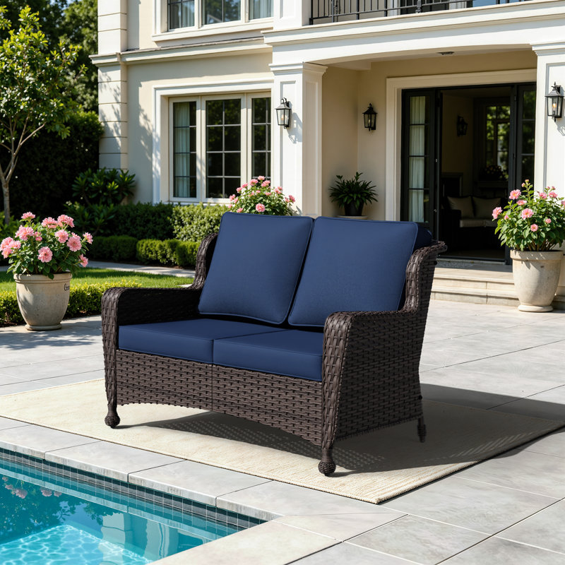 2-Person Outdoor PE Wicker Patio Loveseat with 4" Blue Cushions, Blue