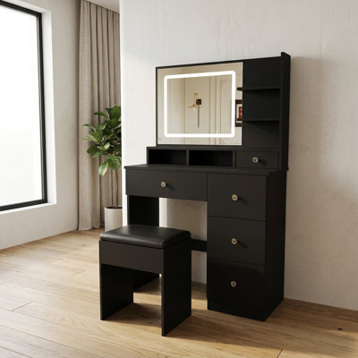 Meuble-lavabo moderne noir avec miroir lumineux 3 couleurs, 5 tiroirs, prise de courant et tabouret