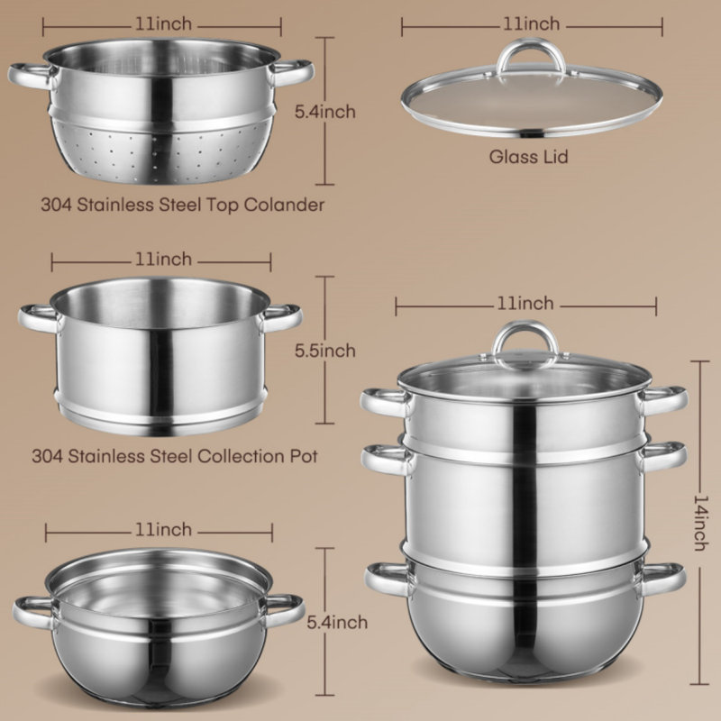 11qt Steam Juicer Extractor Stainless Steel, Juice Steamer Pot For Fruit & Vegetables With Glass Lid, Hose, Clamp, Loop Handles, Ideal For Making Fresh Juice, Jelly, And Sauces