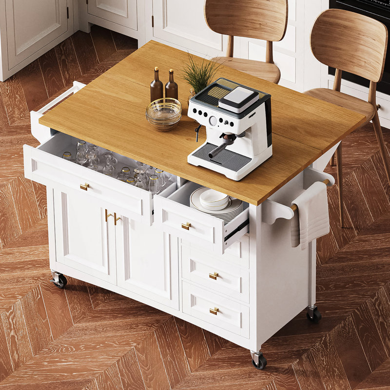 52'' Kitchen Island With Drop Leaf, Embossed Texture Kitchen Island On Wheels With Spice Rack, Towel Rack, 2 Doors And 5 Drawers, Kitchen Storage Cart With Adjustable Shelf For Kitchen, White