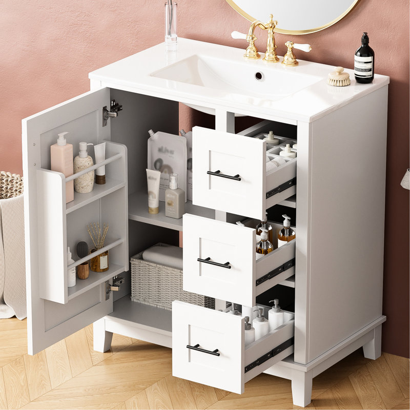 Meuble-lavabo de 30 pouces avec lavabo en céramique, armoire, porte à fermeture en douceur et tablettes à compartiments à tablettes multiples