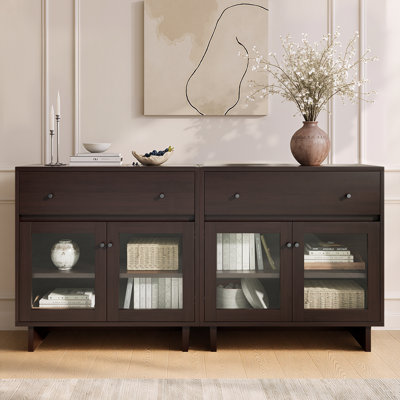 Buffet Almaguer de 80 cm de large avec tiroir, portes vitrées et tablette réglable (ensemble de 2), noyer brun