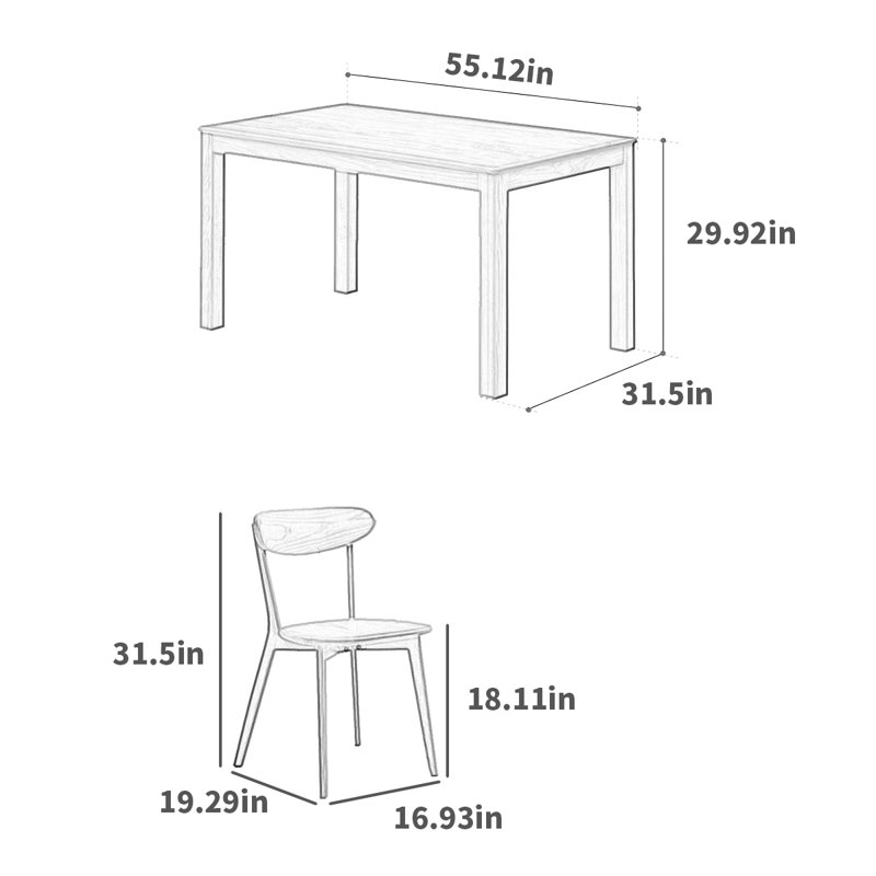 4 - Person Solid Wood Top Four Leg Dining Set, 29.92"H x 55.12"L x 31.5"W