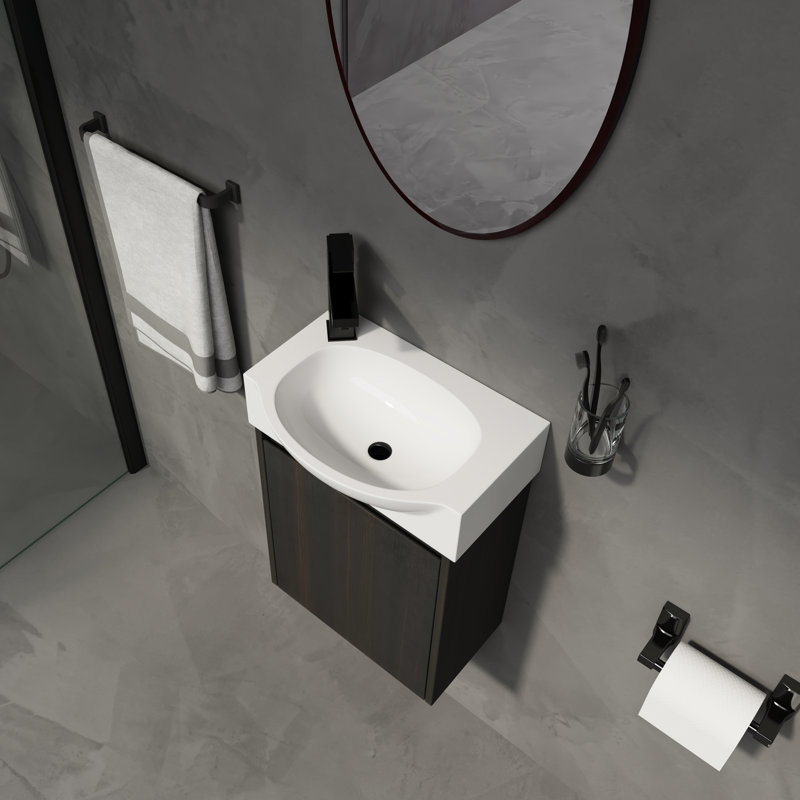 Ensemble de meuble-lavabo de salle de bain 16 po pour petit espace, armoire de rangement flottante moderne avec lavabo en céramique intégré, noir