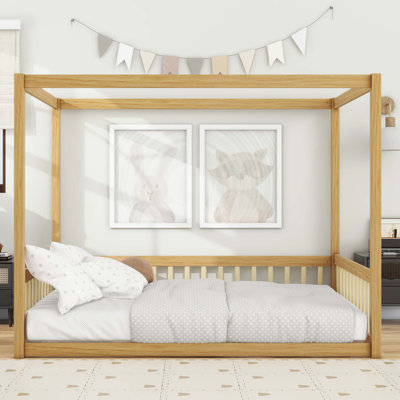 Lit double en bois d'hévéa avec clôture et garde-corps