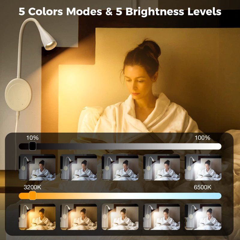 Flexible Gooseneck LED Wall Mounted Bedside Reading Lamp With Touch Control, 5 Dimmable Lights, USB Output, Night Light And Timer, 2-Piece, White