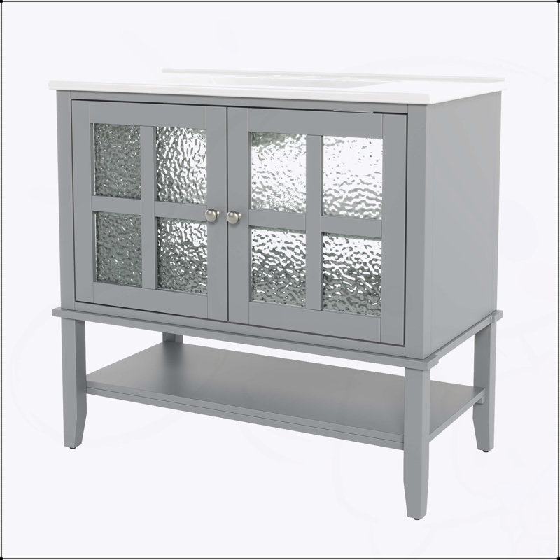 Meuble-lavabo de 36 po avec lavabo en céramique, tablettes réglables et ouvertes, pieds en bois massif, finition imperméable et charnières à fermeture en douceur