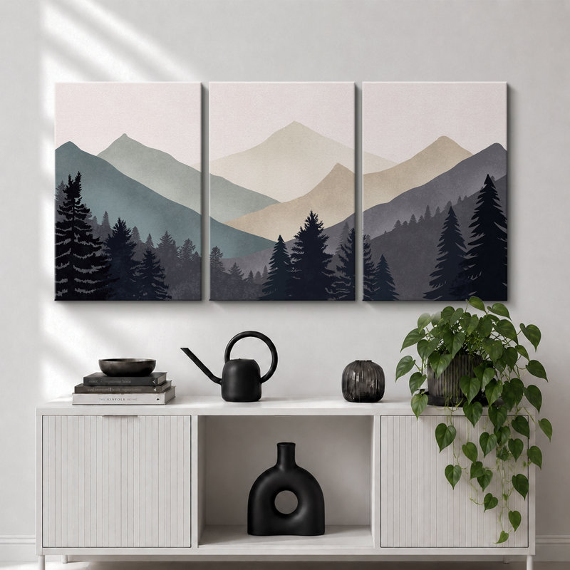 «Sun Mountain Landscape», œuvre abstraite de forêt neutre, images murales minimalistes modernes, impression sur toile encadrée, 3 pièces