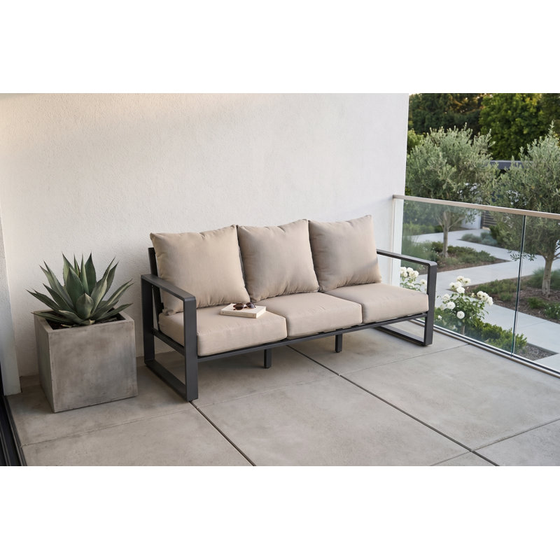 Canapé d'extérieur moderne en aluminium 3 places avec coussins beiges - Siège de patio gris foncé résistant aux intempéries