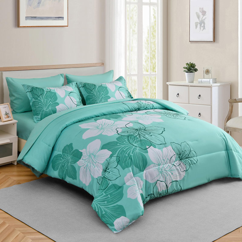 7 Piece Floral Comforter Set Soft Microfiber Bedding Set with Sheets for All Seasons, Aqua