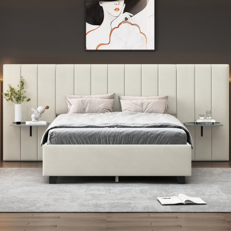 Upholstered Panel Headboard Bed With 2 Shelves, Full, Beige