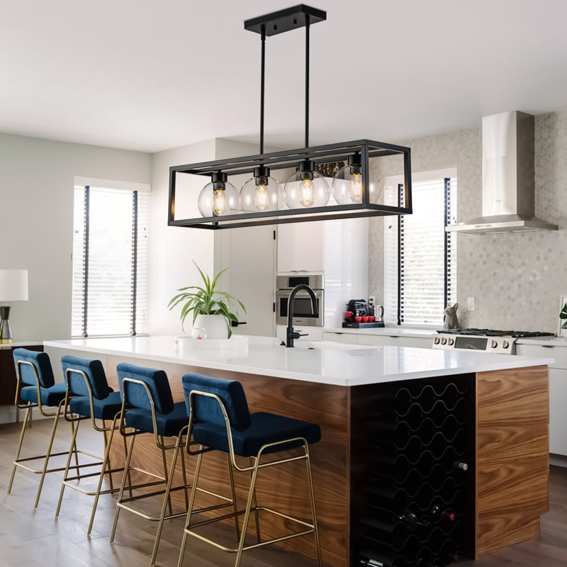 Luminaire suspendu linéaire à 4 lumières pour îlot de cuisine avec abat-jour en verre transparent Khase