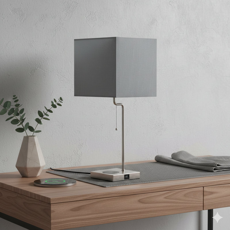 21.5-Inch Square Table Lamp With An Integrated Charging Station