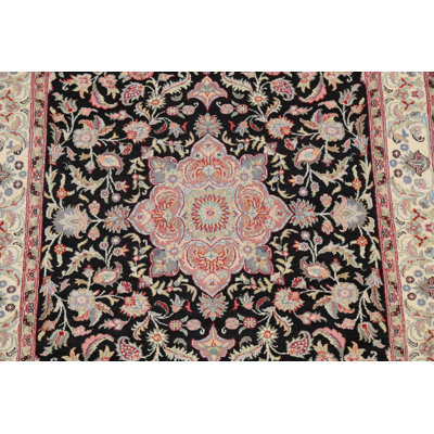 Tapis noir en laine et en soie noué à la main de conception unique 4 pi x 5 pi 11 po