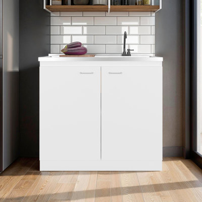 Contemporary White Kitchen Storage Unit, Dual Doors, 3 Shelves, High - Quality Particle Board For Reliability Modern Storage, 2 Door Setup, Shelving, Ideal Storing Supplies