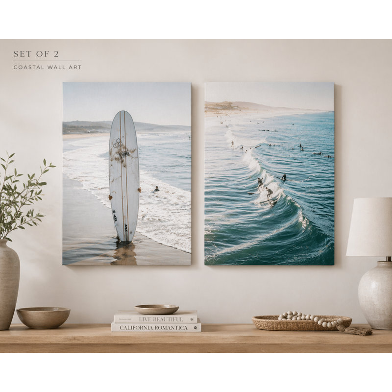 Ensemble de 2 reproductions d'art moderne côtières modernes, vagues de l'océan et planche de surf, décor de plage neutre pour le salon, la chambre et la salle de bain