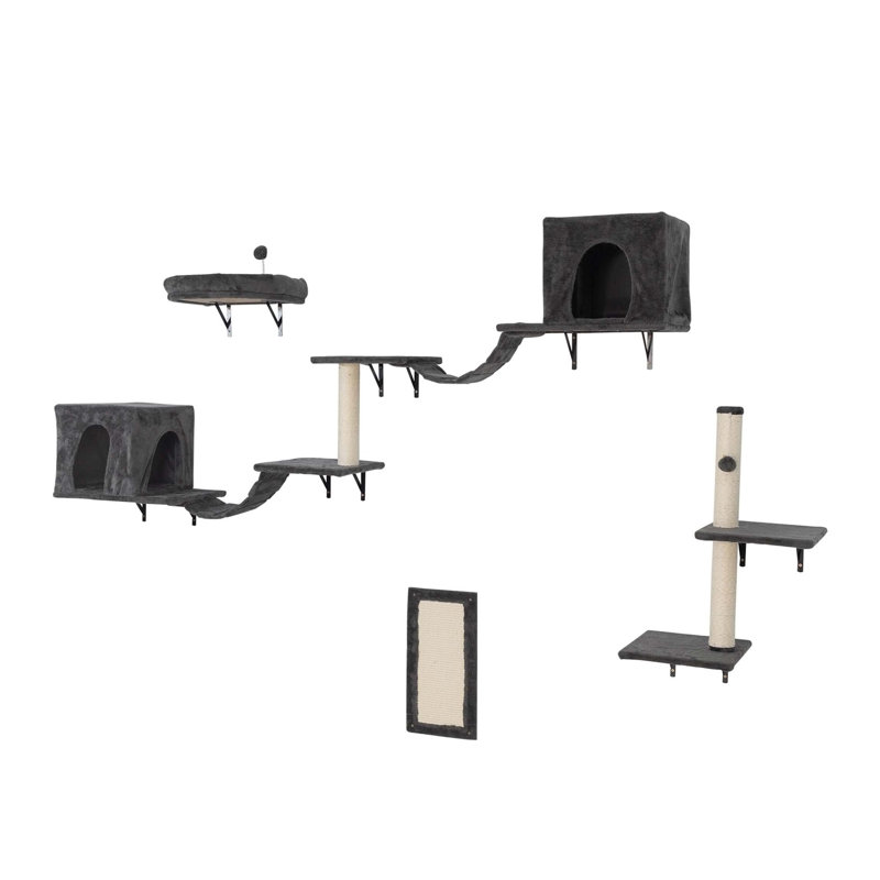 Arbre à chat mural, avec 2 maisons pour chat, 3 tablettes, 2 échelles, perchoir pour chat, Gris foncé