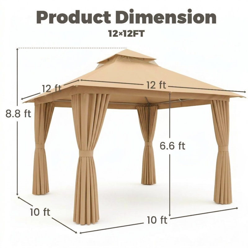 Gazebo de patio Yardgrace 3,66 m x 3,66 m avec toit souple, auvent à 2 niveaux, moustiquaire et rideaux d'intimité, brun