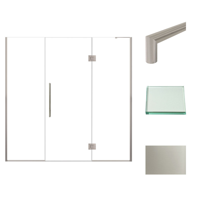 Porte de douche à charnière avec verre transparent l 76,5 po x H 76 po Transolide Elizabeth, Acier Inoxydable