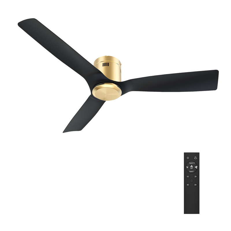 Ventilateur de plafond doré encastré de 52 pouces à moteur à courant continu avec télécommande. Sans lumière, Noir et or