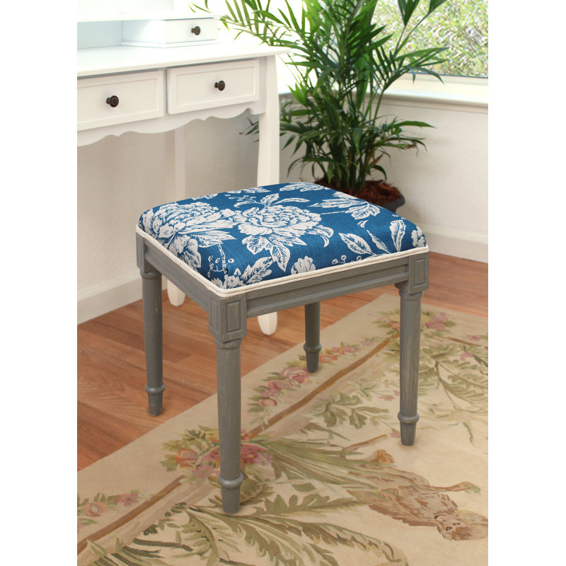Tabouret de coiffeuse en lin gris avec pivoine grise, Blanc, Bleu marine