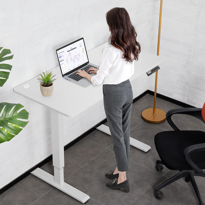 Masakazu Height Adjustable Standing Desk with Built-in Outlets,4 Lockable Casters, 2 Hooks, White, 46" H x 48" W x 24" D