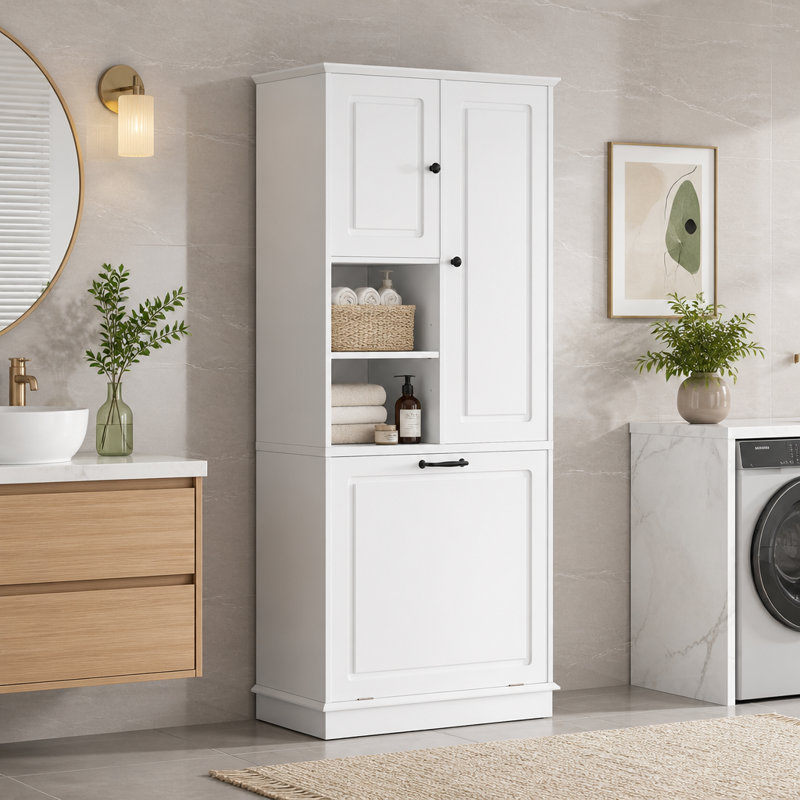 Tall Storage Cabinet With Adjustable Shelves, Large Flip-Out Basket & Enclosed Cabinets – Perfect For Bathroom, Living Room, Or Office, MDF Material With Aluminum Alloy Handles