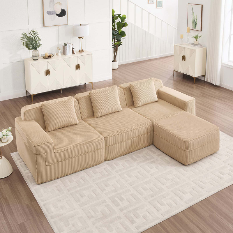 Corduroy Modern 3-Seat Deep Seat Boneless Sofa With 3 Throw Pillows & 1 Movable Ottoman, Camel