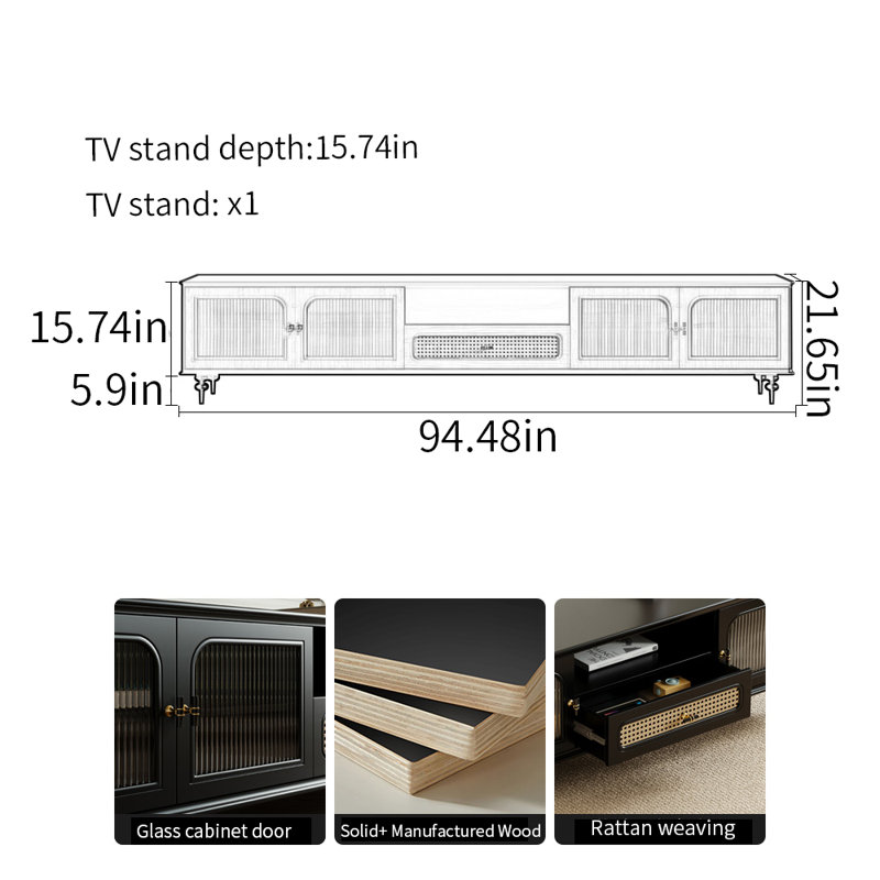 Meuble télé moderne de style rétro, H 21,65 po x L 94,48 po x l 15,74 po
