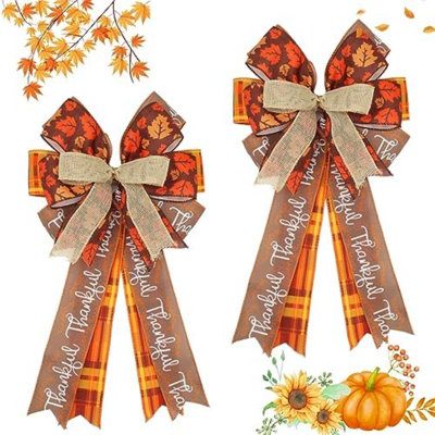 Large Fall Wreath Bows 20x11 Inch, 2 Pack Maple Burlap Wired Thanksgiving Bows for Wreath, Decorative Harvest Ornaments for Front Door Autumn Indoor Outdoor Party Decorations (Buffalo Plaid)