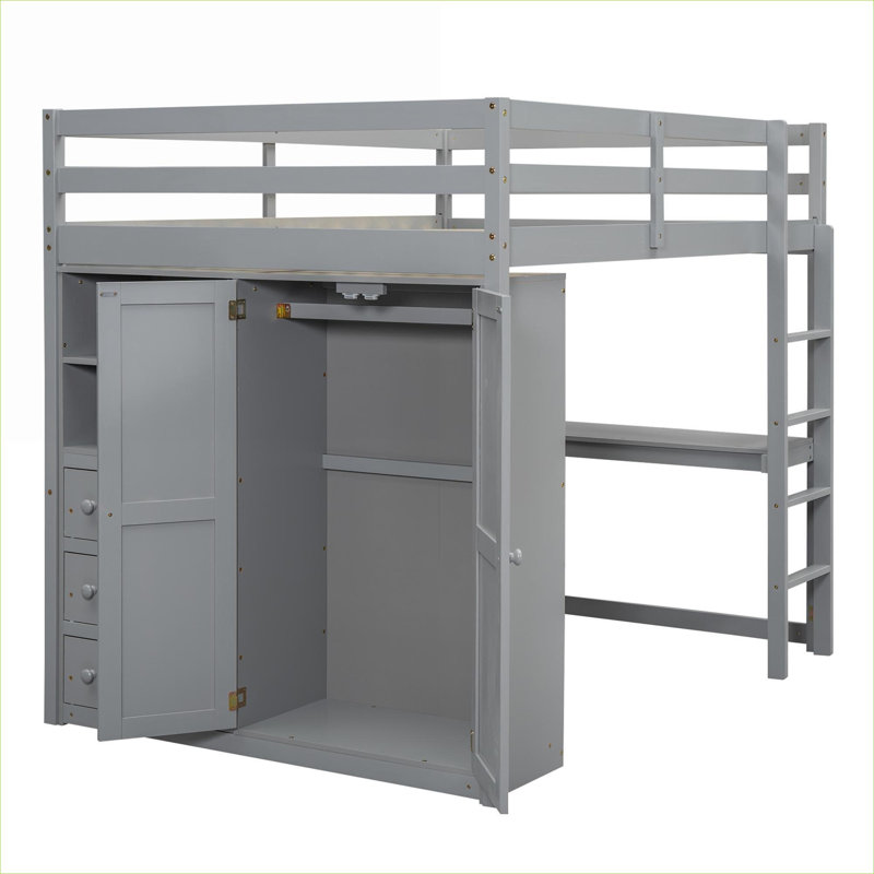 Lit mezzanine double en bois massif gris pleine grandeur pour lit double et petite chambre tout-en-un au design moderne, Gray