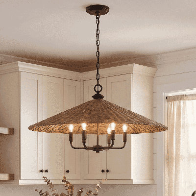 Lustre cône en acier 6 lumières à intensité variable avec abat-jour en rotin Jared 