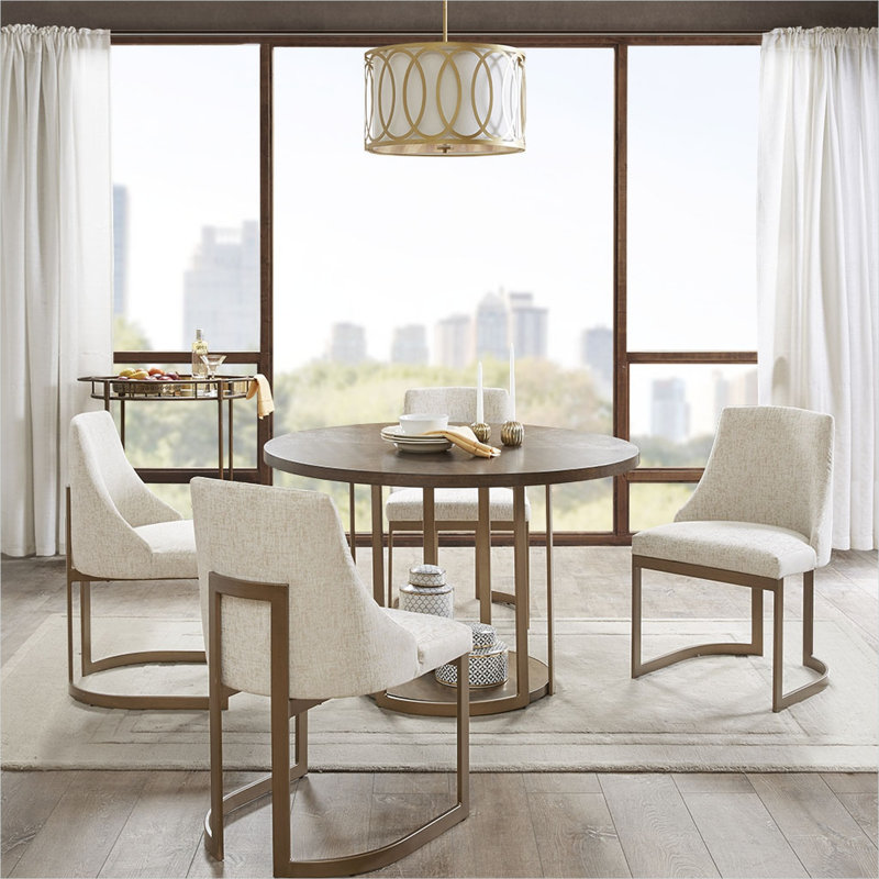 Chaises de salle à manger avec cadre en métal doré antique et pieds de traîneau, ensemble de 2, beige chaud, L 22 po x l 21 po x H 33,5 po