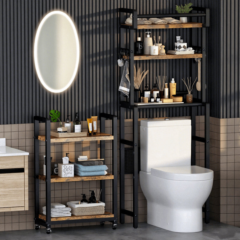6-Tier Over The Toilet Shelf With Storage Cart, Farmhouse Bathroom Organizer Rack With 6 Hooks, Freestanding Space-Saving Toilet Shelf Rack For Bathroom, Bedroom, Kitchen, Laundry