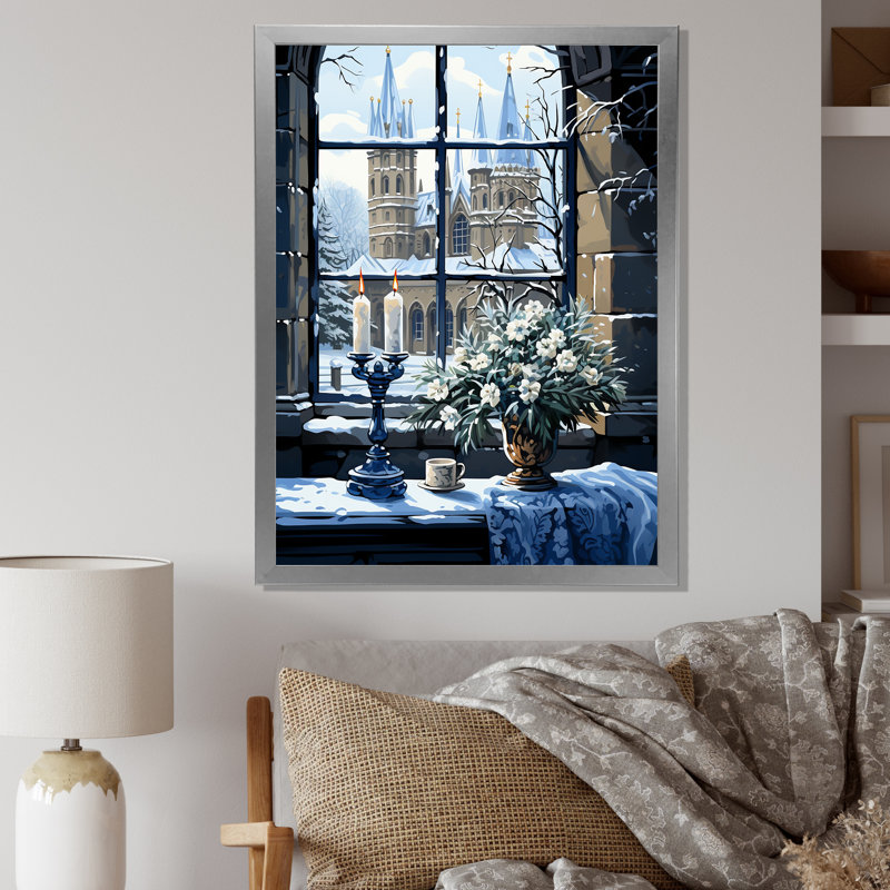 Christmast Winter Landscape Window - Art mural paysage d'hiver, Cadre flottant noir, H 20 po x l 12 po x P 1 po