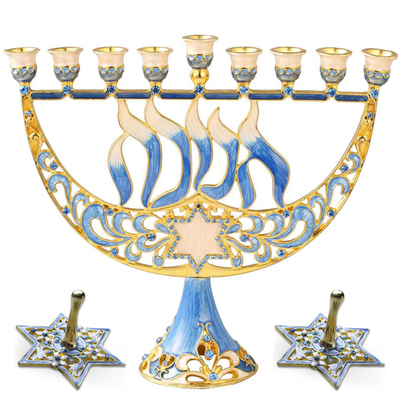 Ensemble de menorah et dreidel - candélabre en émail peint à la main avec étoile de David et Hanoukka et 2 quarts de dreidels tournants peints à la main par Matashi