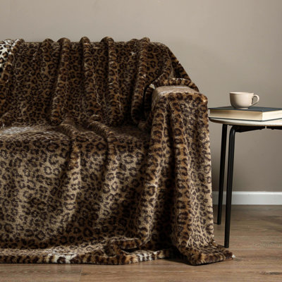  50" X 70" Brown and Black Faux Fur Animal Print Plush Throw Blanket