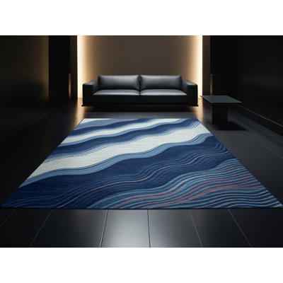 Machine Washable Potts Dragon Boat Festival Modern & Contemporary Striped Rug in Blue – Navy Binding