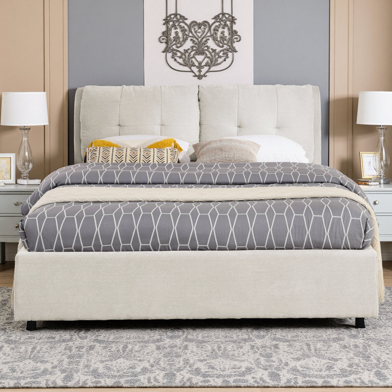 Lit plateforme avec rangement Olyra, Grand lit, Beige