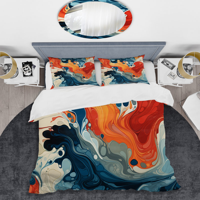 Ensemble de housse de couette à encre liquide bleue et orange, Housse de couette pour très grand lit et 2 très 